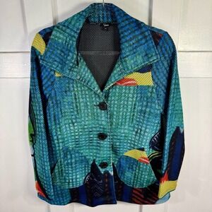Shana Abstract Face Print Blazer Jacket Blue Green Yellow Black Women's S P